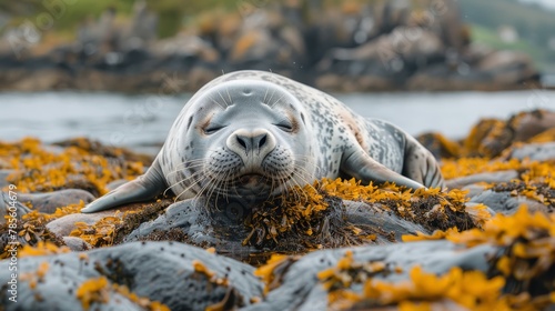  A seal atop a mound of seaweed, adjacent to a body of water and surrounded by rocks