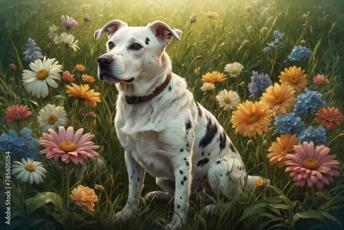 A white dog with black spots sits in a field of flowers photo