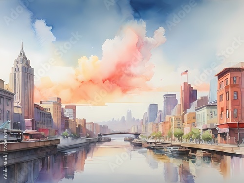 A serene watercolor illustration of a picturesque cityscape.