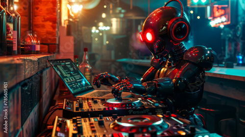 A robot behind a DJ mixer and turntable plays in a nightclub during a party. Concept of technology, parties. photo