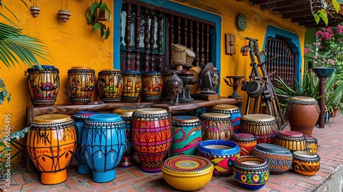 Vibrant display of Caribbean musical instruments, including steel drums, maracas, and a colorfu