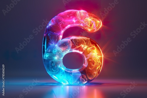 Number 6 - colorful glowing outline alphabet symbol on blue lens isolated white background photo