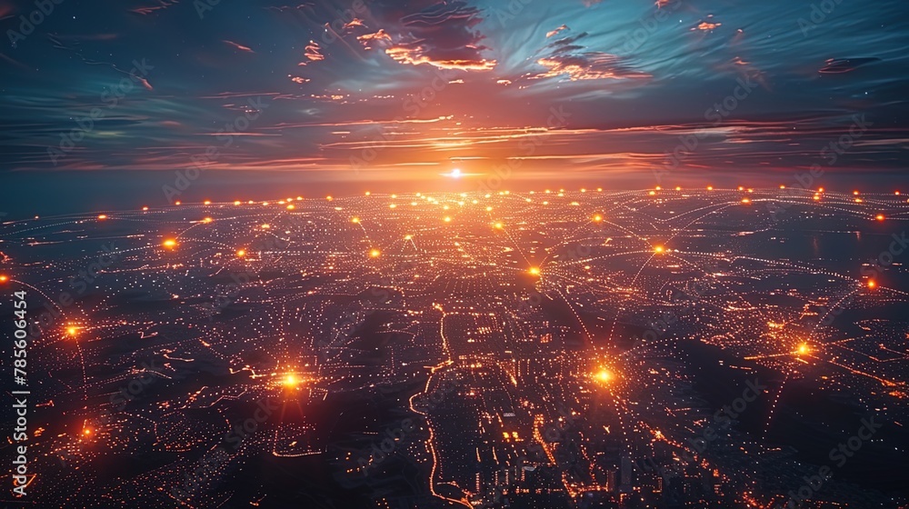 Aerial shot reveals Earth aglow with interconnected data highwa