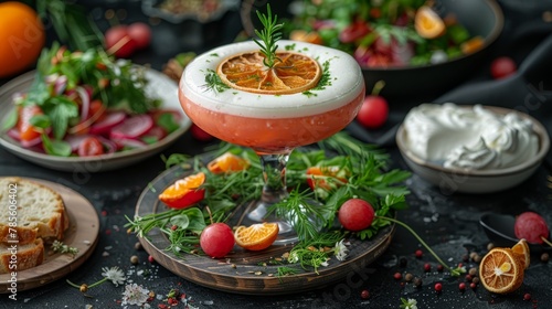  A table laden with dishes of food and a wine glass brimming with orange slices and garnishes