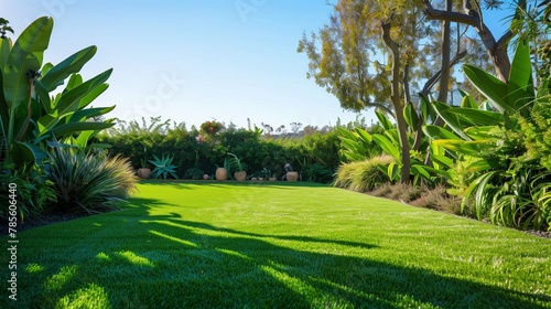 An eco-friendly garden with synthetic lawn and low-water plants showcases sustainability under clear skies.