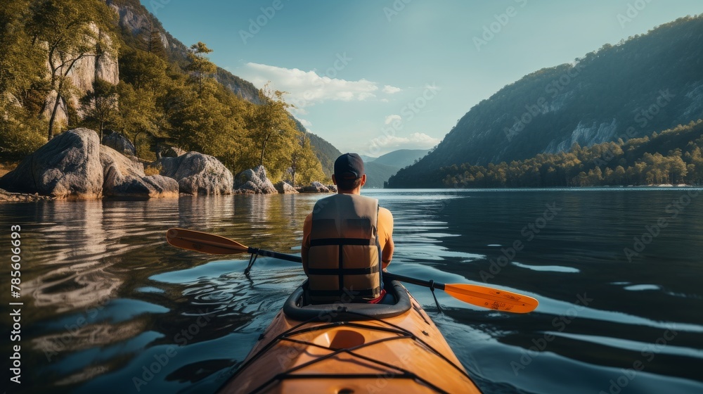 Man Sitting in Kayak on Lake