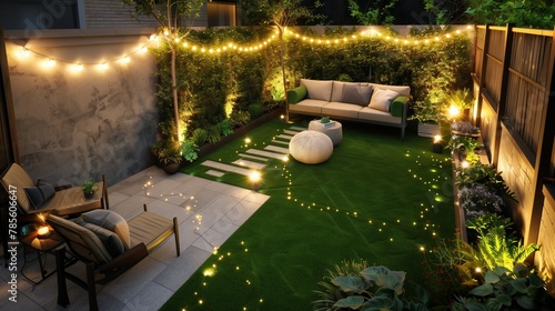 String lights add charm to a compact garden, where artificial turf merges aesthetics with practicality.