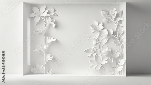 Abstract studio white background for product presentation. Empty room with shadows of window and flowers and palm leaves . 3d room with copy space. Summer concert. backdrop. beauty product placement.