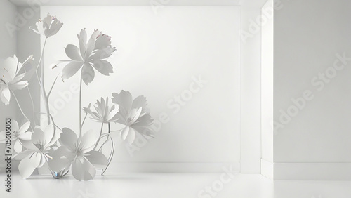 Abstract studio white background for product presentation. Empty room with shadows of window and flowers and palm leaves . 3d room with copy space. Summer concert. backdrop. beauty product placement.