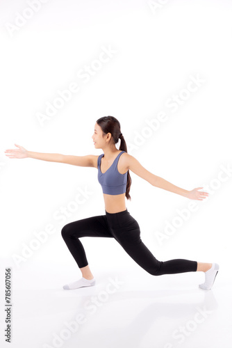 Portrait young asian woman in sportswear doing practice yoga for stretch hands isolated white background, female exercise and workout training for leisure, sport and health, woman workout for health.