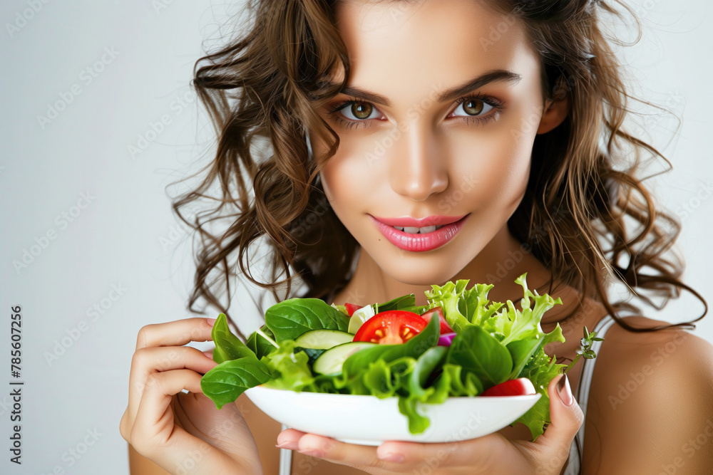 The girl model shows a plate with a fresh salad. The concept of proper nutrition and a healthy lifestyle. The girl model shows a plate with a fresh salad. The concept of proper nutrition and a healthy lifestyle.