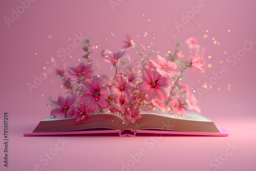 Open book with levitation colorful flowers on pink background, perfect for world book day and creativity concept. © NE97