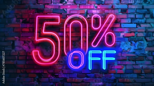 50% percent OFF neon style on brick wall background photo