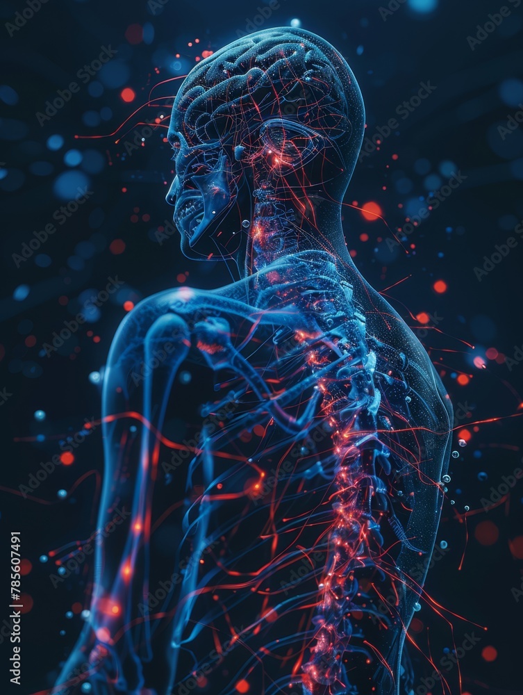 This illustration depicts the human nervous system, emphasizing neural connections and muscles highlighted in blue, with red accents 
