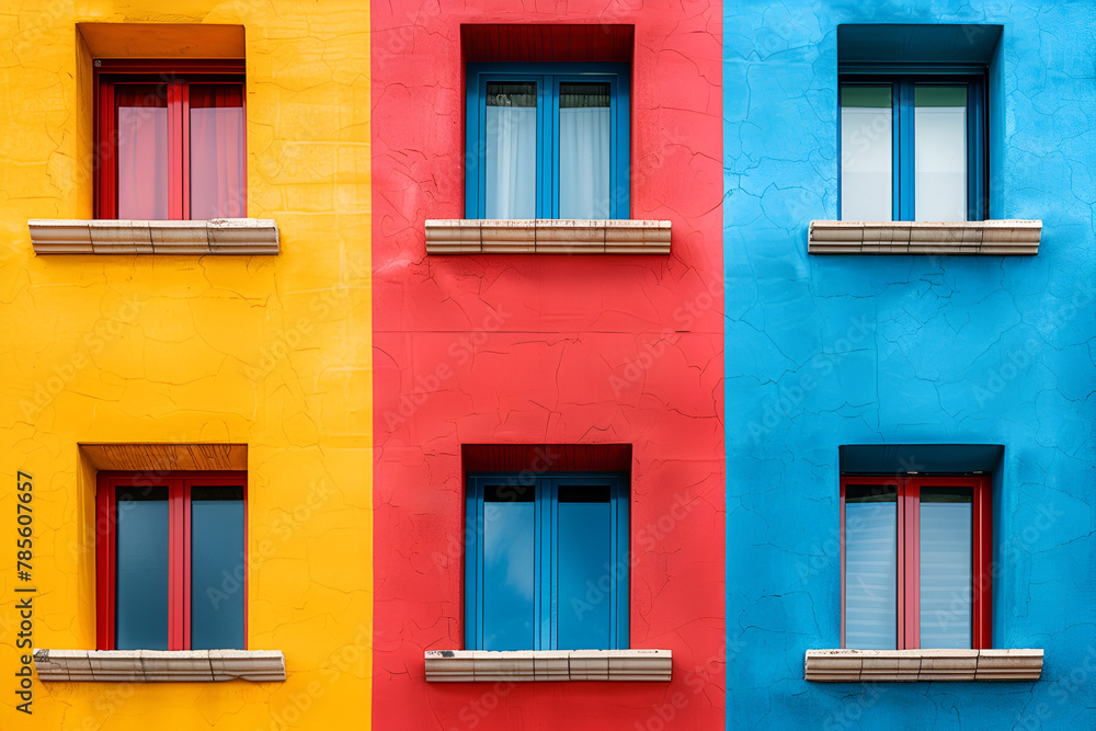 A row of colorful buildings with blue windows. The buildings are painted in bright colors, creating a cheerful and lively atmosphere. Generative AI