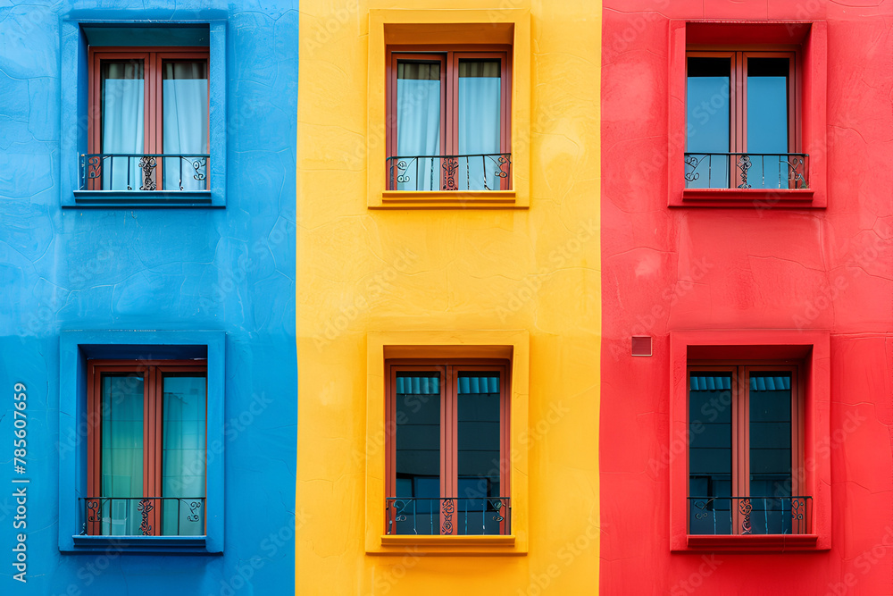 A row of colorful buildings with blue windows. The buildings are painted in bright colors, creating a cheerful and lively atmosphere. Generative AI