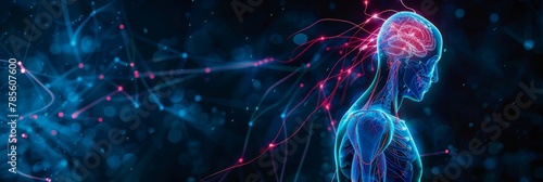 This illustration depicts the human nervous system, emphasizing neural connections and muscles highlighted in blue, with red accents 