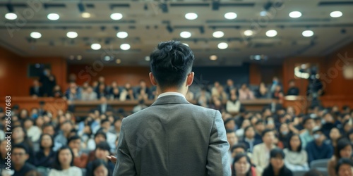 A business presentation showing the back of an Asian man in his late thirties wearing a grey suit giving a speech to an audience Generative AI