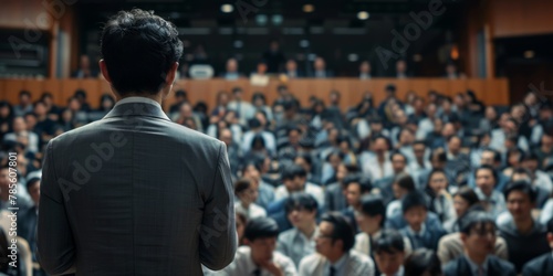 A business presentation showing the back of an Asian man in his late thirties wearing a grey suit giving a speech to an audience Generative AI