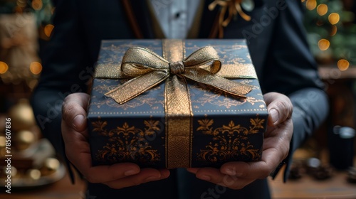 Man in Suit Holding Brown Gift Box