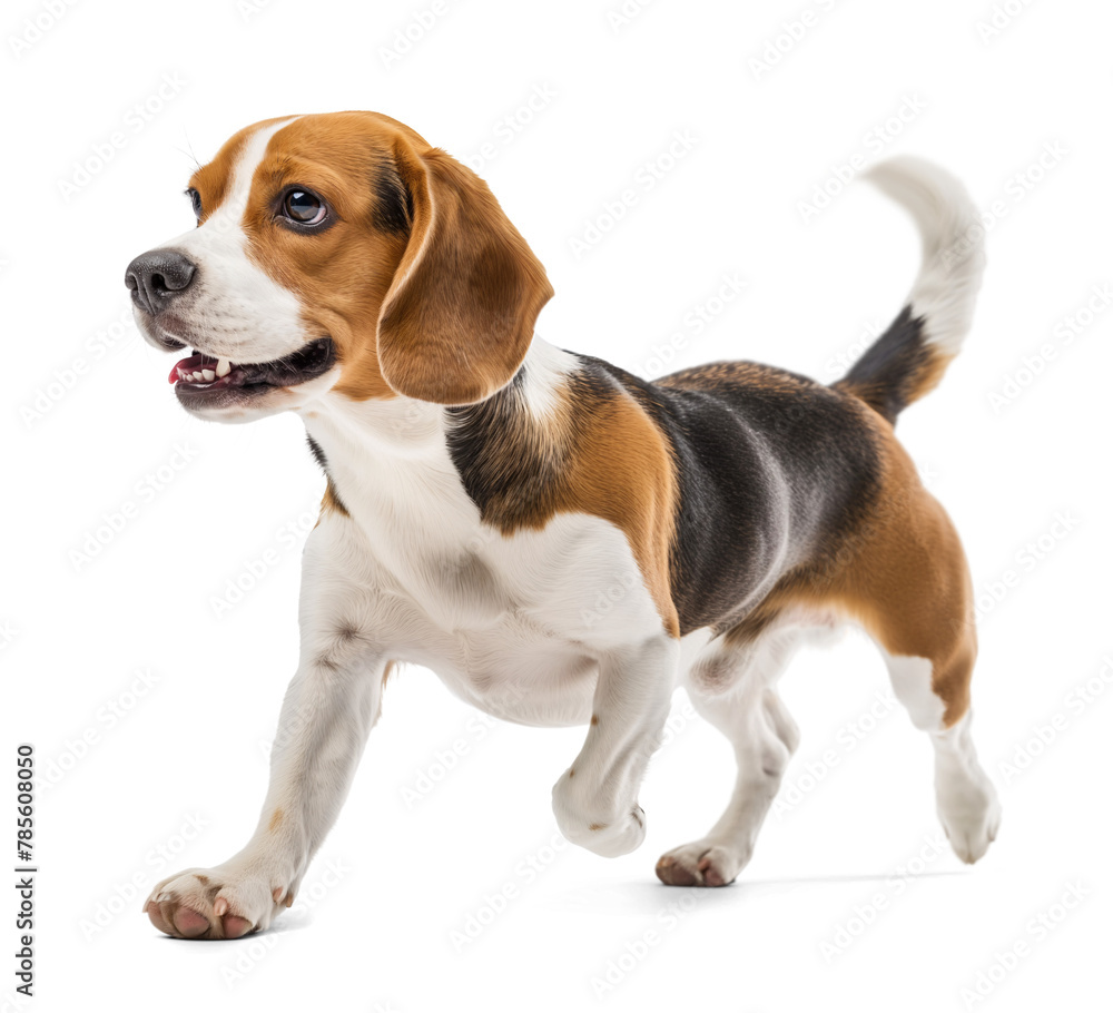 Beagle dog in walking running pose on isolated transparent background