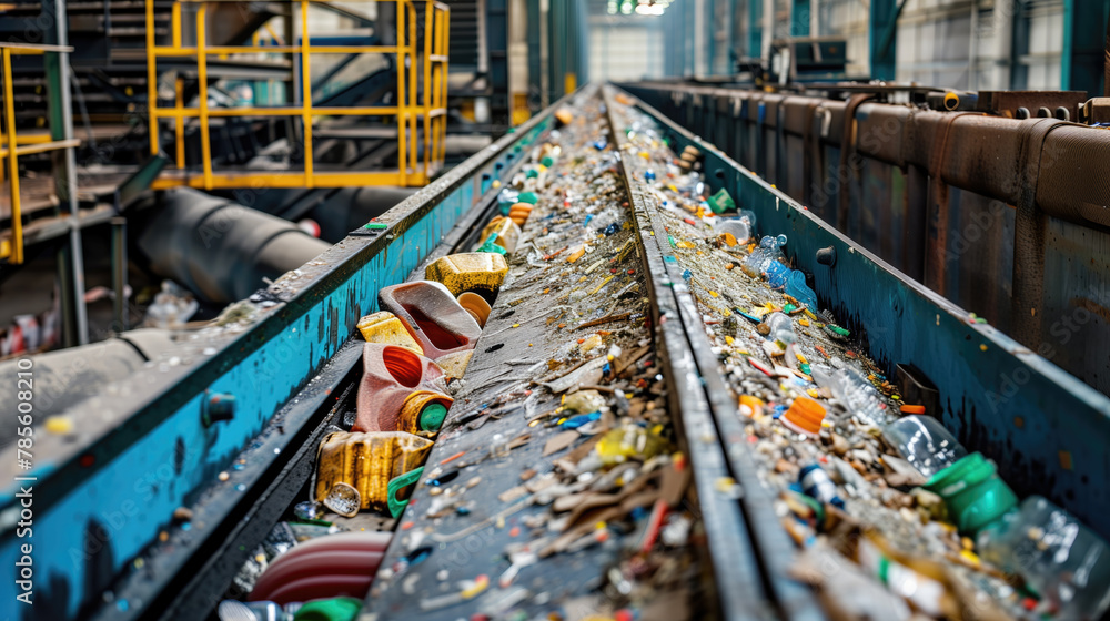 Garbage processing. The conveyor at the processing plant. The garbage moves through the conveyor tape. Processing of plastic and waste. Garbage processing. The conveyor at the processing plant. The garbage moves through the conveyor tape. Processing of plastic and waste.
