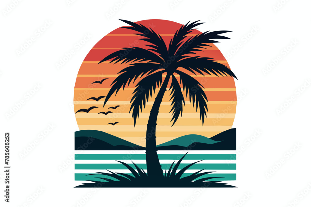  t-shirt-design--with-sunset-vector illustration-vintage--white-background