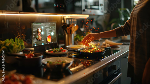 Smart Kitchen With A Woman Cooking With An Intelligent Screen