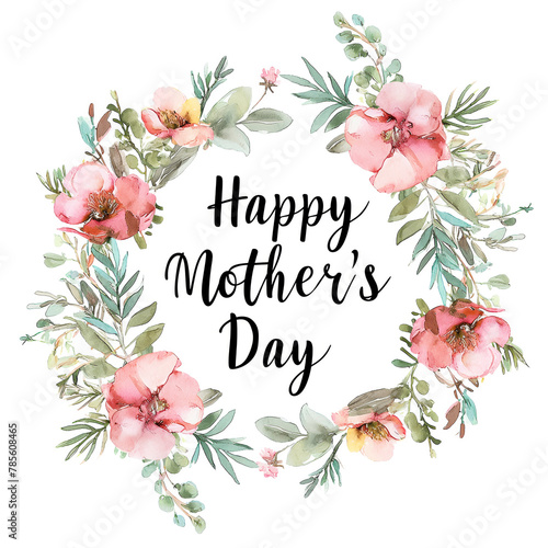 Happy Mother's Day greeting card background. Delicate pink floral watercolor wreath illustration and typography text effect. Modern spring flowers and leaves painting to celebrate motherhood and Mom