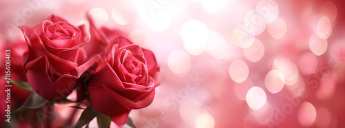 Close-up vibrant red roses with soft pink bokeh effect for Valentine s or Mother s Day sale promotions or romantic anniversary or wedding invitations. Love themed banner background with copy space.