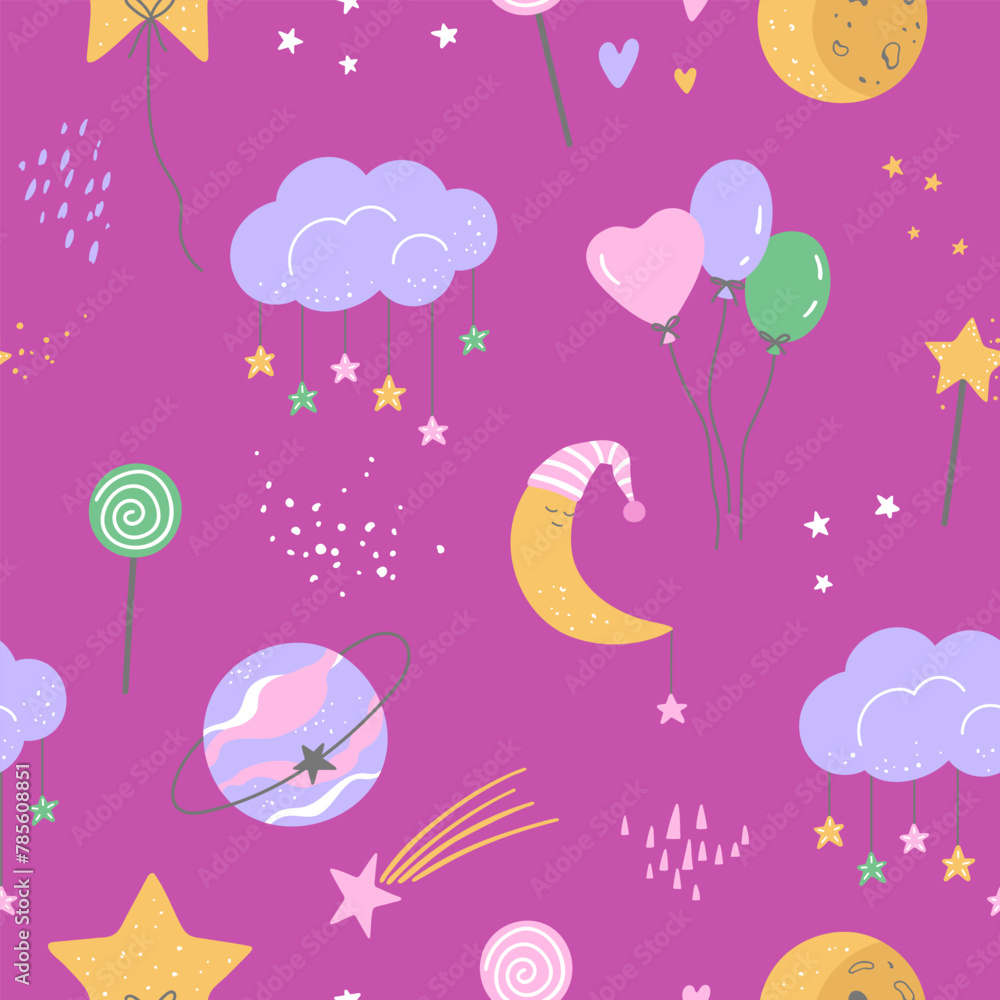 Fototapeta premium Seamless pattern with cloud, moon, planet, balloons and stars