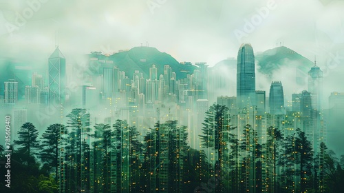 Double exposure cityscape with green forest vegetation overlay