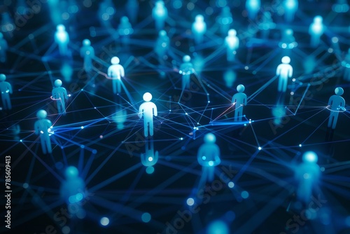 In a dark blue backdrop, a network of interconnected figures represents the collaborative spirit and connectivity of an online community 