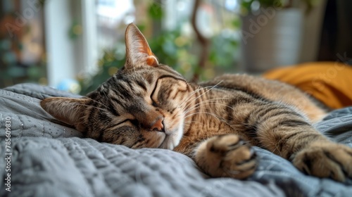 Cat Sleeping on Bed With Eyes Closed © olegganko