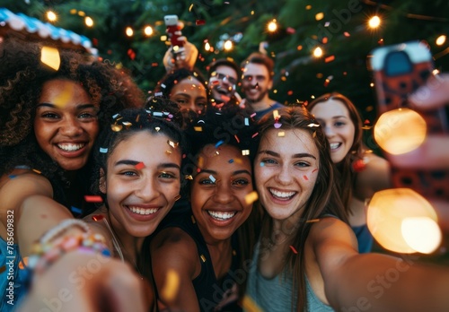 Group of Women Standing Under Confetti