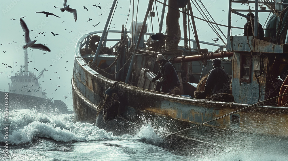 fishermen work on a weathered boat amidst flying seagulls