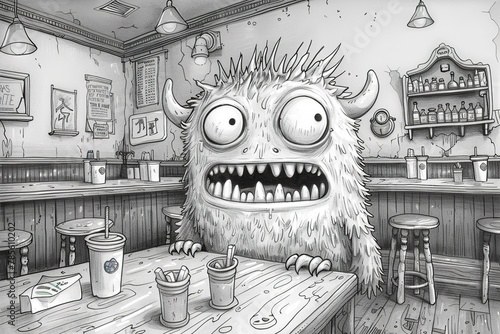 a simple and fun coloring page for children, a silly non-scary french fries monster, full body, restaurant