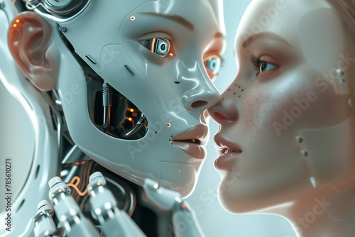 A realistic photo of two beautiful women with robotic faces, looking at each other and smiling. The background is blurred, creating soft lighting and a dreamy atmosphere