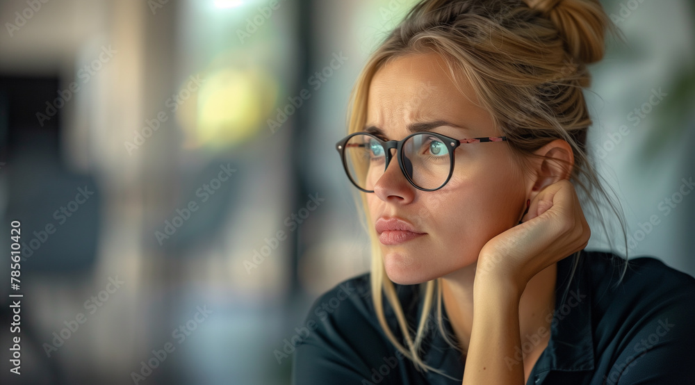 A woman in her late thirties, wearing glasses and with blonde hair tied back behind the ears is sitting at an office desk, looking worried or sad while she looks to one side of herself. She has hand o A woman in her late thirties, wearing glasses and with blonde hair tied back behind the ears is sitting at an office desk, looking worried or sad while she looks to one side of herself. She has hand o