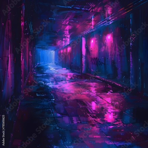 Mysterious Neon Lit Walkway in Futuristic Urban Cityscape Evoking a Sense of Wonder and Intrigue