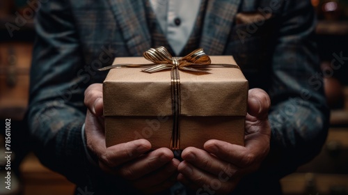 Man in Suit Holding Brown Gift Box