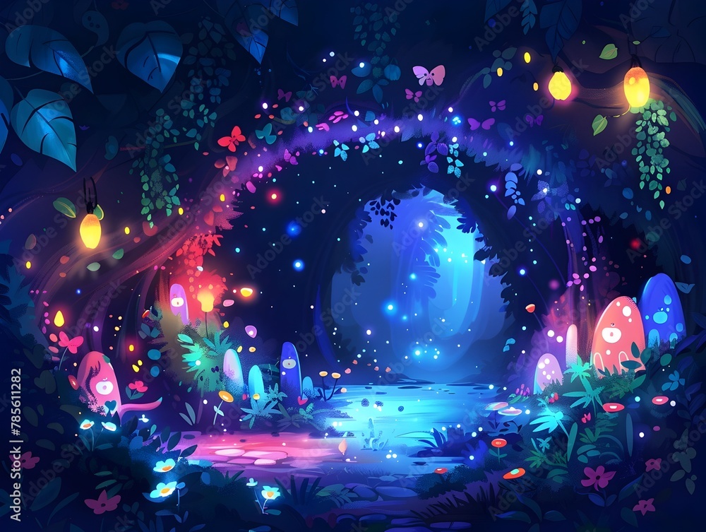 Enchanting Glowing Grotto with Whimsical Woodland Creatures and Shimmering Arched Entrance