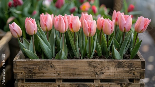 Wooden Box Filled With Pink Tulips on Table