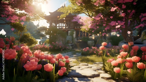 Beautiful garden with blooming flowers in the morning light at sunset