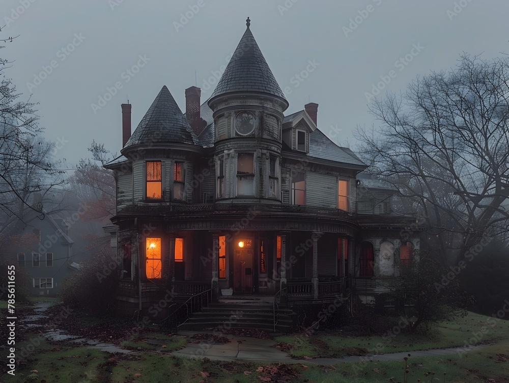 Fototapeta premium Pastel Colored Abandoned Victorian Mansion Lit by Flickering Lights at Dusk in Atmospheric Landscape