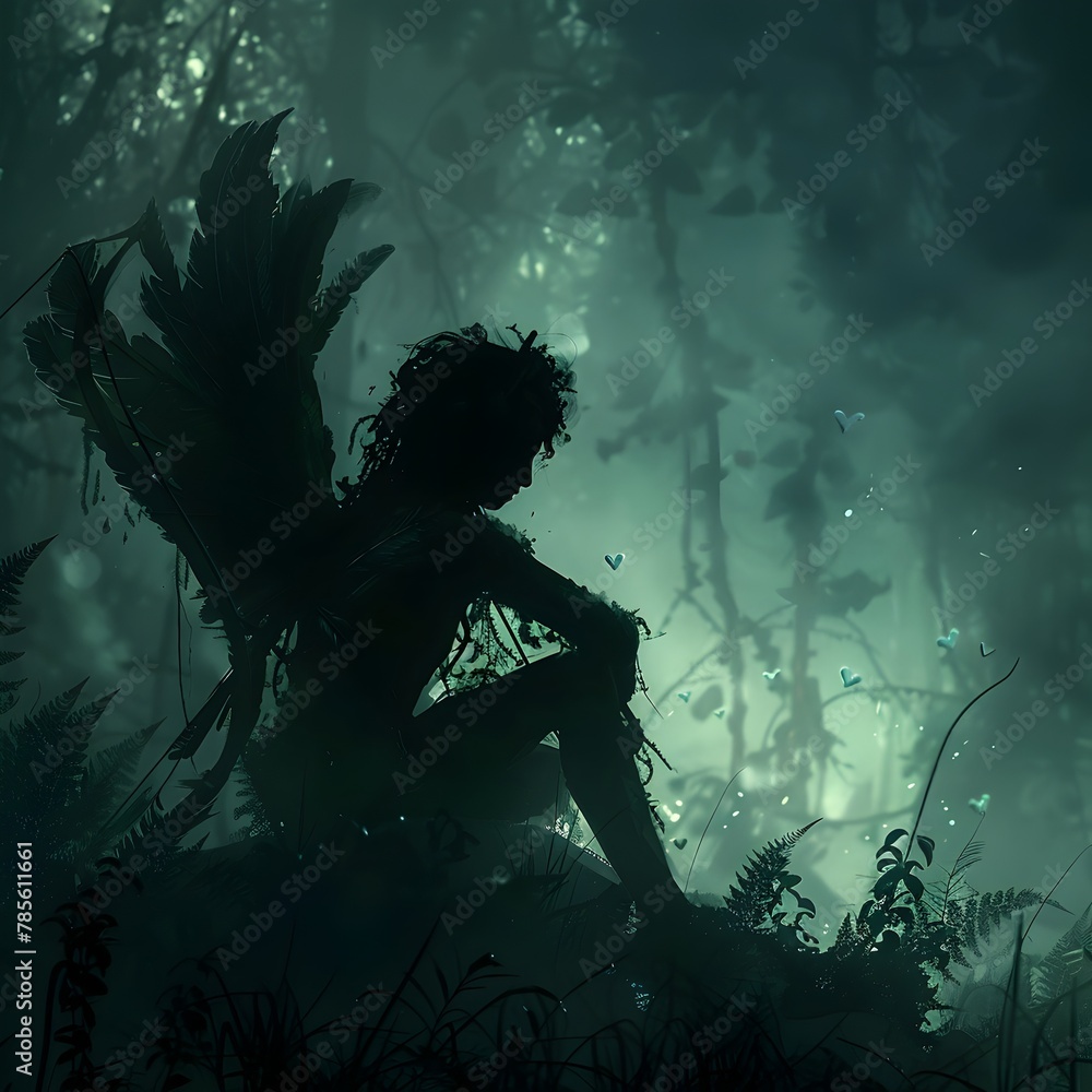Melancholic Cupid Lurking in Dark Mysterious Forest Aiming Arrow at Unseen Hearts Shrouded in Shadows