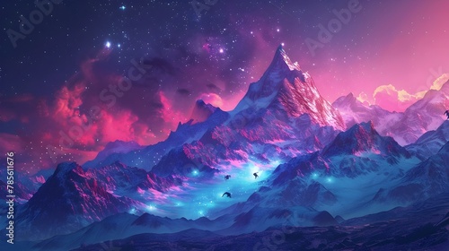 Neon Lit Mountainscape with Glowing Futuristic Wildlife Under Starry Technicolor Sky