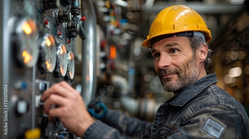 Man in Hard Hat Looking at Bunch of Switches