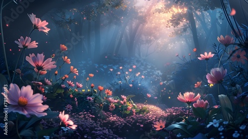 Delicate Pastel Garden with Ethereal Spirits Frolicking Beneath a Soft Moonlit Canopy