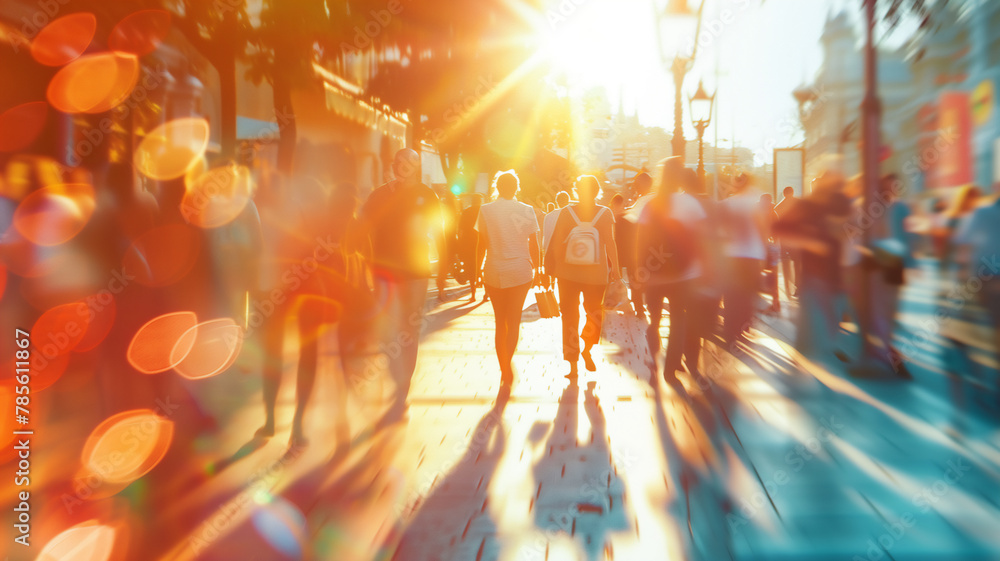 blurred scene of people walking outside building in summer , the weather is so hot . blurred scene of people walking outside building in summer , the weather is so hot .